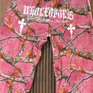 Wholeopolis Pink Camouflage Pants and hoodie White Graphics